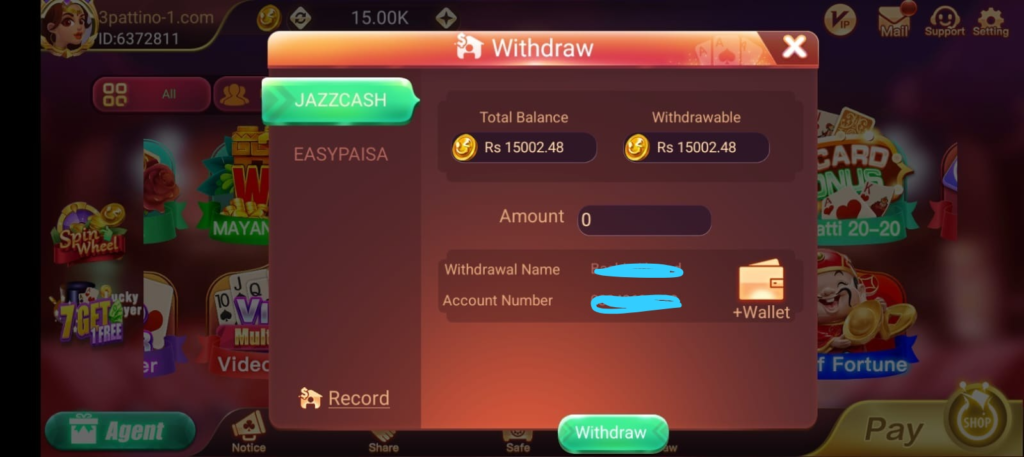 3 patti no1 jazzcash withdraw
