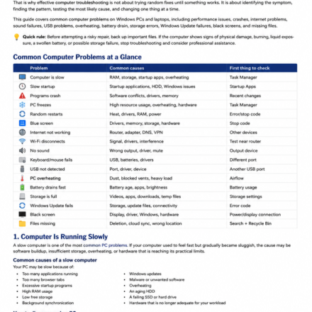 Computer problems and troubleshooting guide showing common PC issues and diagnostic steps