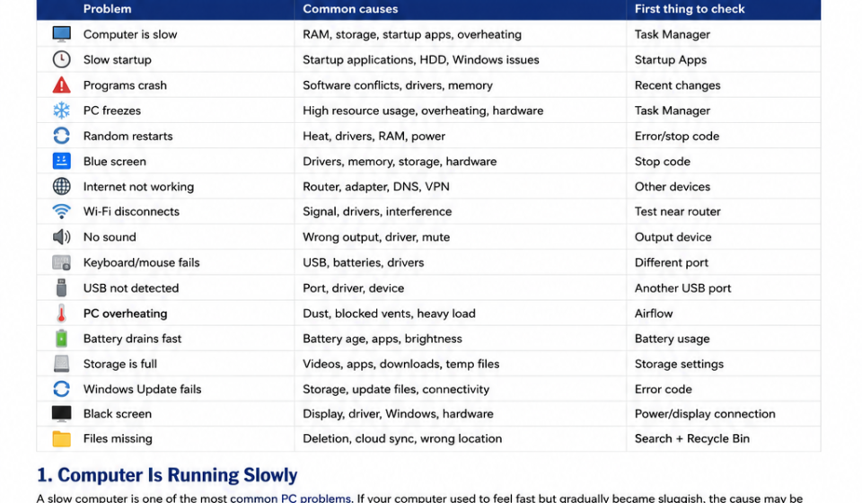 Computer problems and troubleshooting guide showing common PC issues and diagnostic steps