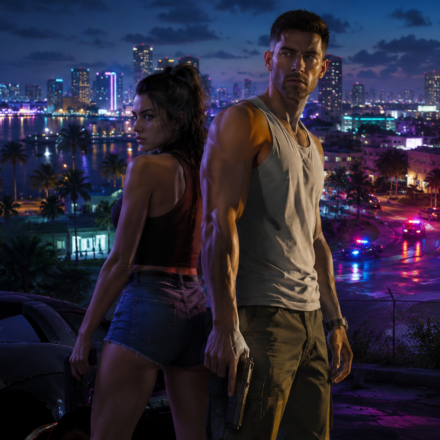 GTA 6 on PS5 and Xbox with Jason and Lucia in Vice City at night
