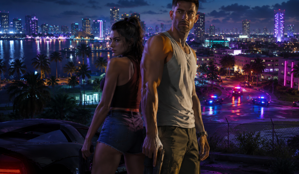 GTA 6 on PS5 and Xbox with Jason and Lucia in Vice City at night
