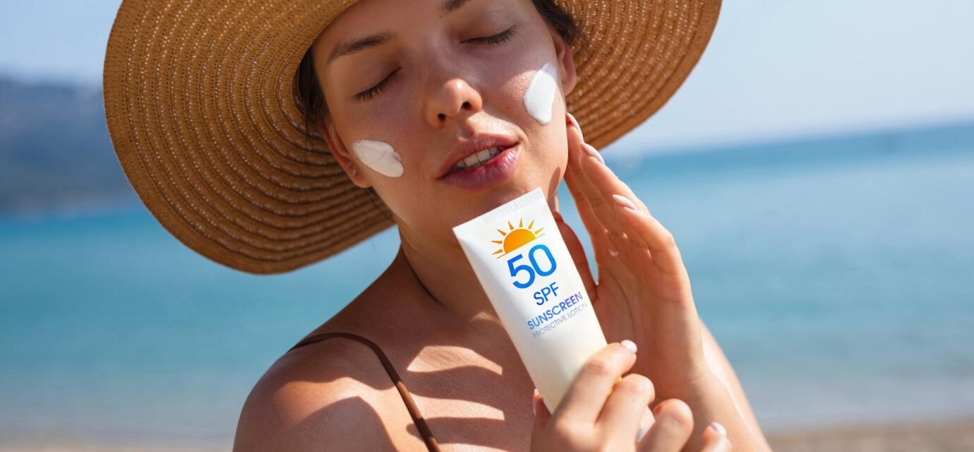 Woman applying SPF 50 sun cream for fair skin outdoors