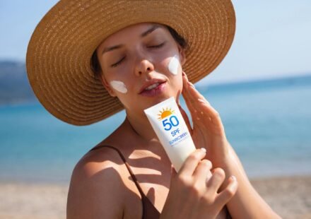 Woman applying SPF 50 sun cream for fair skin outdoors