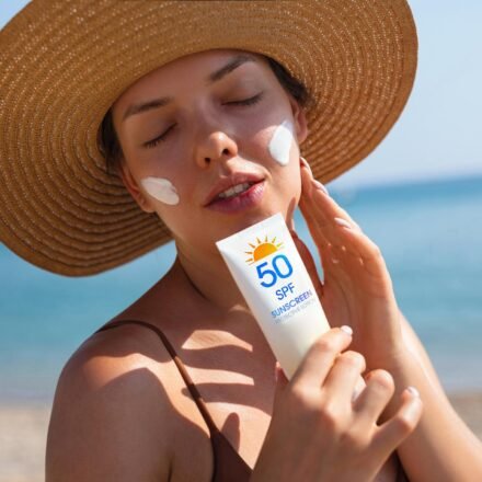 Woman applying SPF 50 sun cream for fair skin outdoors