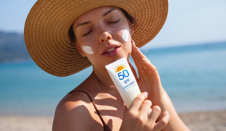 Woman applying SPF 50 sun cream for fair skin outdoors